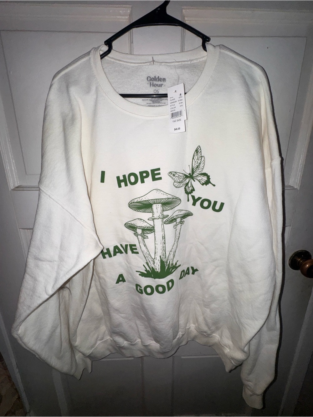 Cream Graphic Sweatshirt - Green Mushroom Print “I hope you have a good day”
